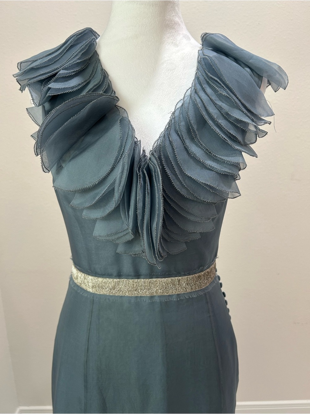 Lela Rose Slate Blue Evening Gown with Ruffled V-Neck, 100% Silk Organza Dress - Picture 4 of 15